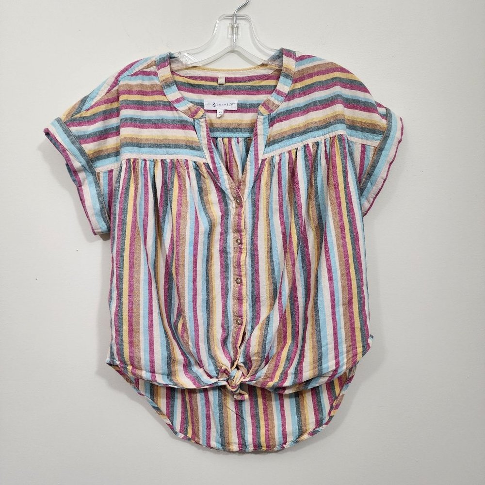 Lou & Grey tie front striped linen blend short sleeve button down shirt‎ size XS